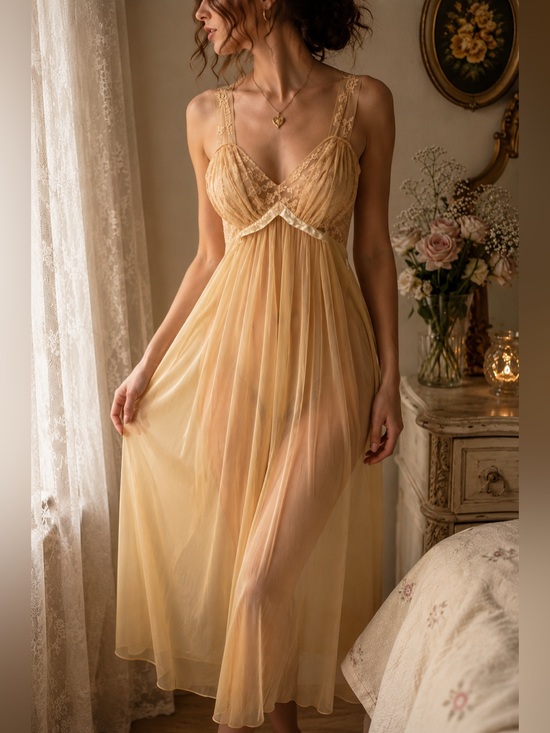Vanity Fair Other - Vintage Vanity Fair 32 Champagne Nylon Lace Peignoir Nightgown Chemise Sheer